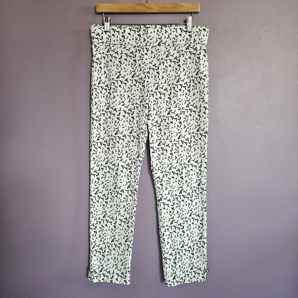 Emaline Cream & Black Bird Print Stretch High Rise Pull On Slim Ankle Pants